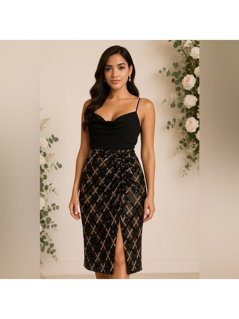 NWOT Dress the Population Black Mesh Overlay Sequin Skirt Size Extra Small.